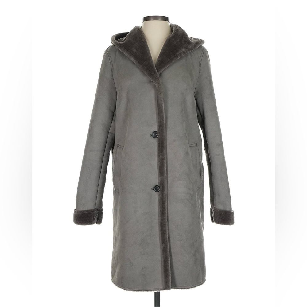 Uniqlo faux shearling hooded gray coat. Size small.